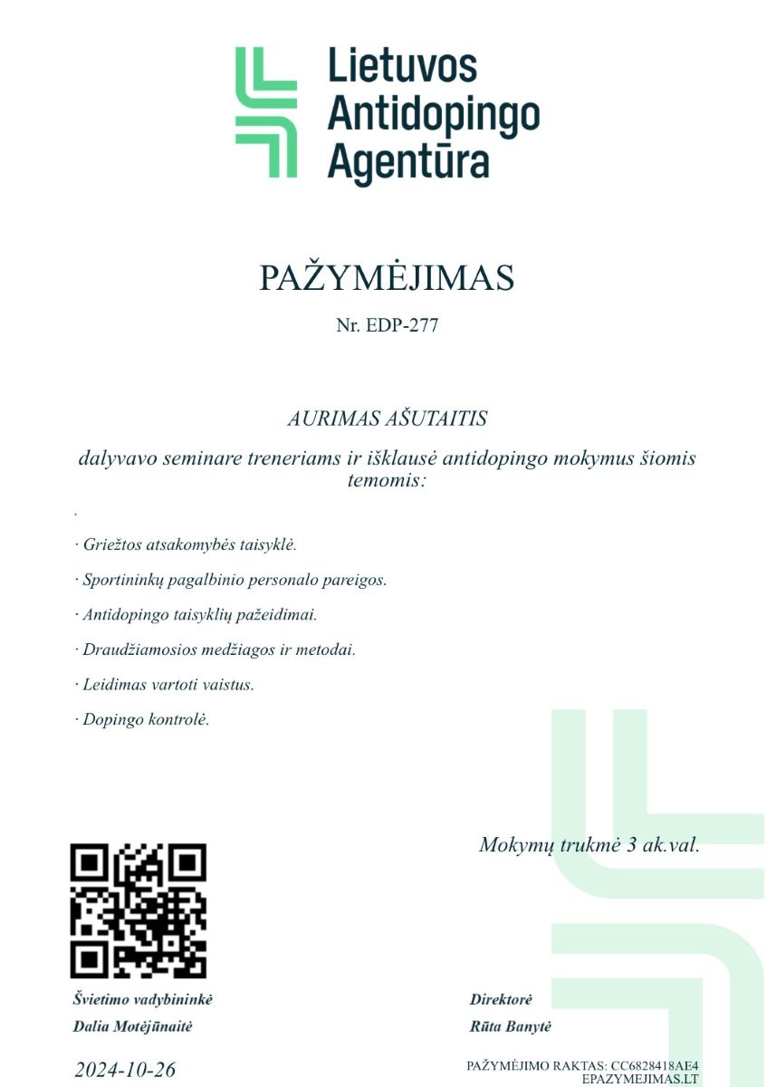 Antidopingo mokymai pažymėjimas