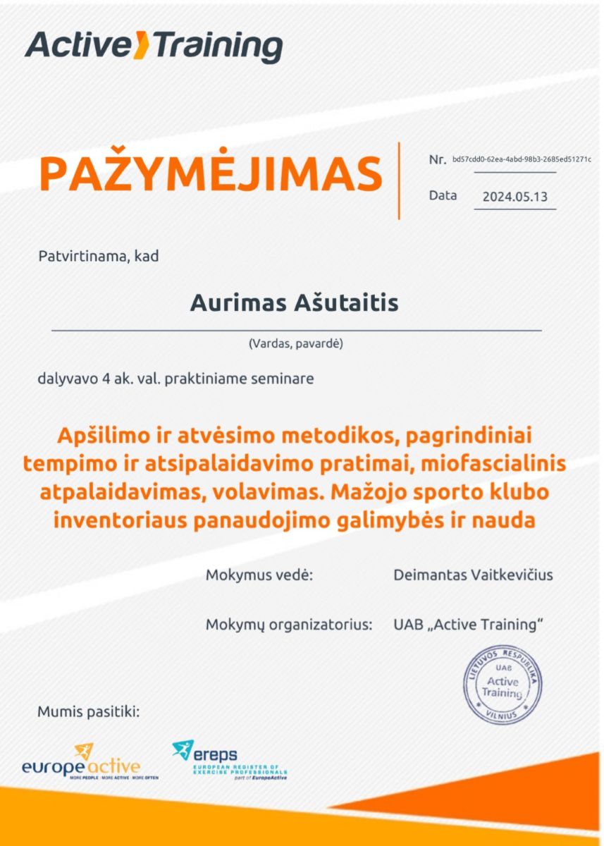 Apšilimo ir atvėsimo metodikos pažymėjimas