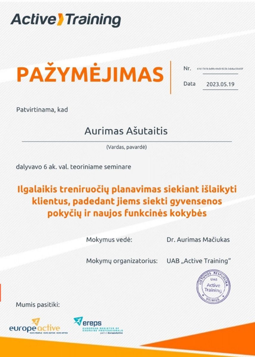Ilgalaikis treniruočių planavimas pažymėjimas