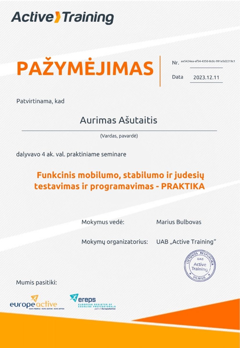 Mobilumo ir stabilumo judesių testavimas pažymėjimas