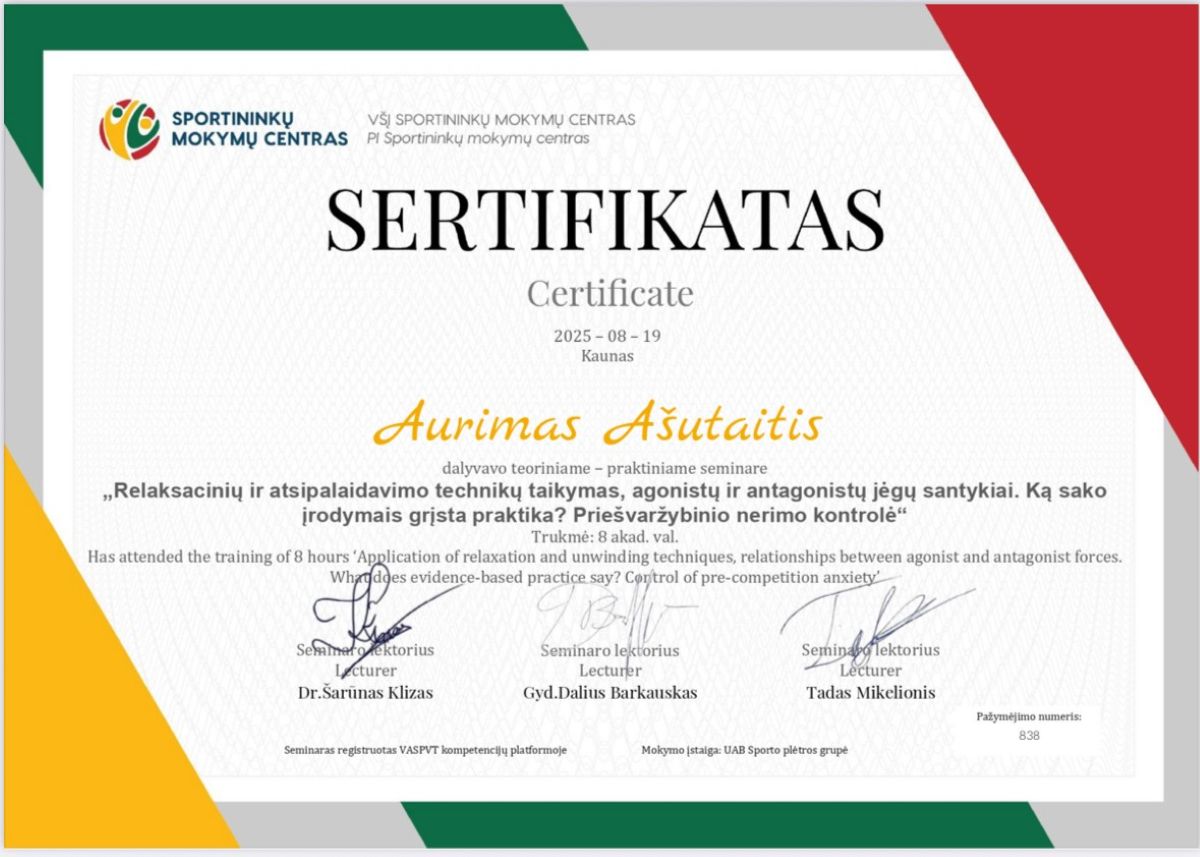 Priešvaržybinio nerimo kontrolė sertifikatas